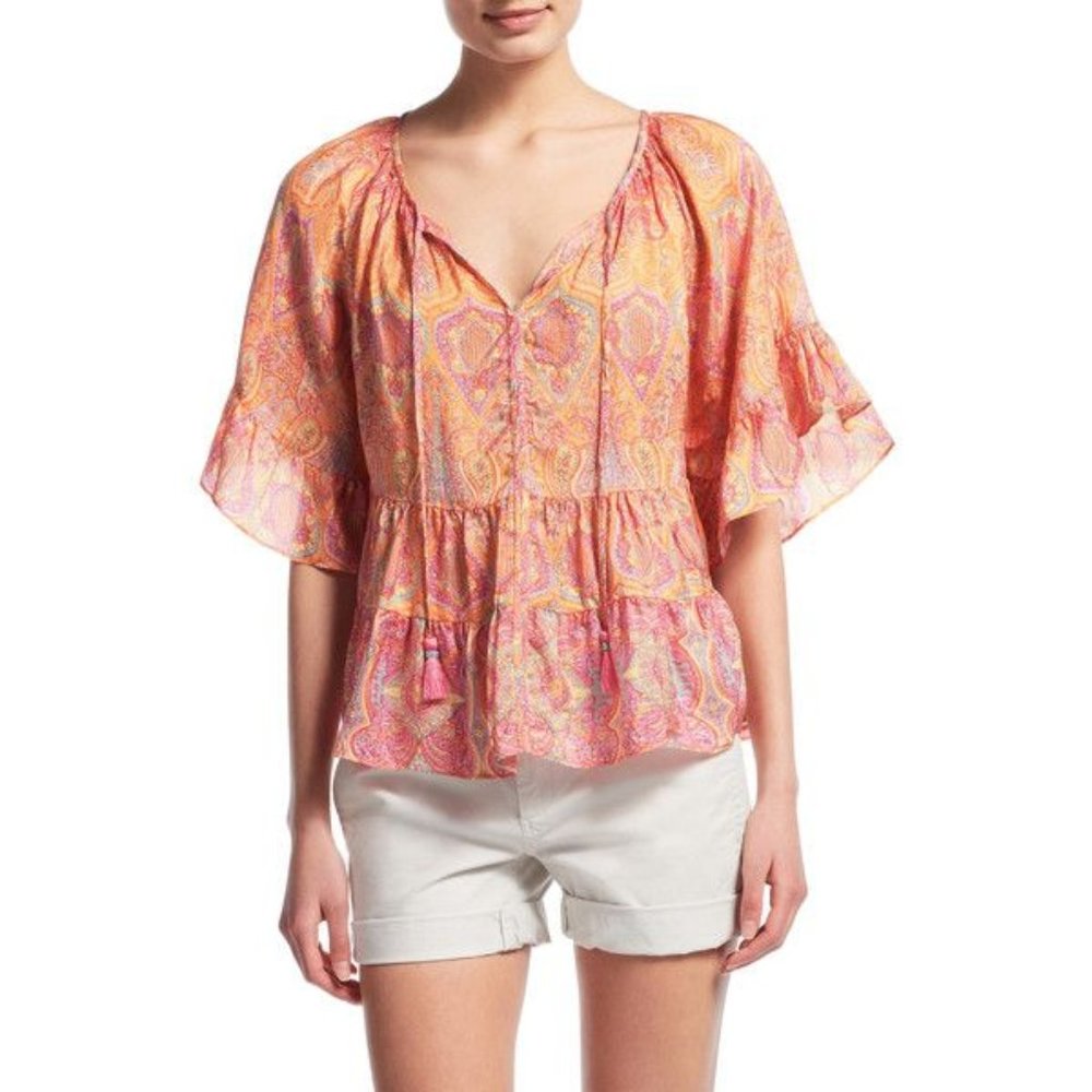CALYPSO ST. BARTH ESPAZI PRINTED SILK FLUTTER SLEEVE TOP- NEW